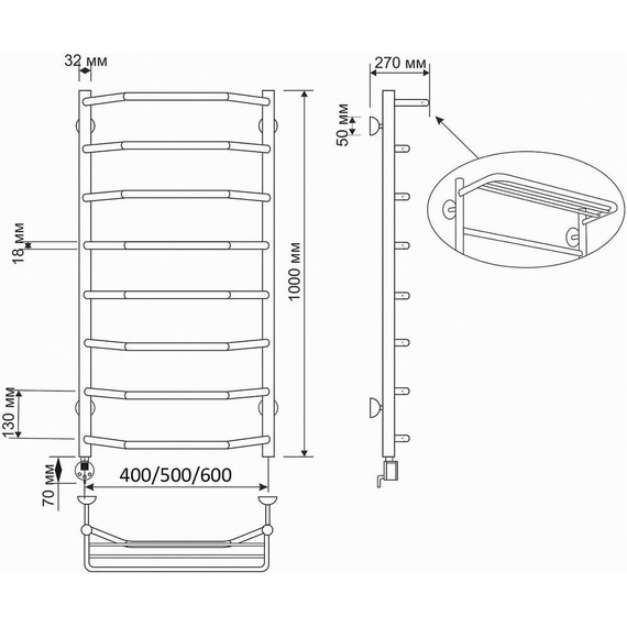 Полотенцесушитель электрический Secado Агата 3 с полкой П8 500x1000 мм (возможность скрытого подключения) бронза фото 3
