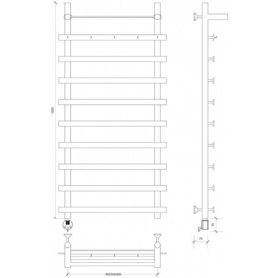 Полотенцесушитель электрический Secado Понтида 1 КСП с полкой П10 500x1200 мм (возможность скрытого подключения) фото 3