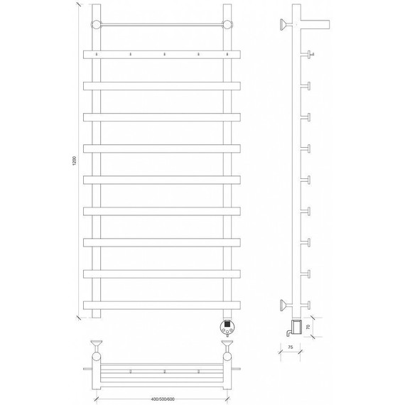 Полотенцесушитель электрический Secado Понтида 1 КСП с полкой П10 500x1200 мм (возможность скрытого подключения) фото 4