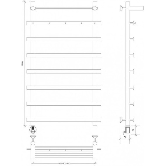 Полотенцесушитель электрический Secado Понтида 1 КСП с полкой П8 500x1000 мм (возможность скрытого подключения) фото 3