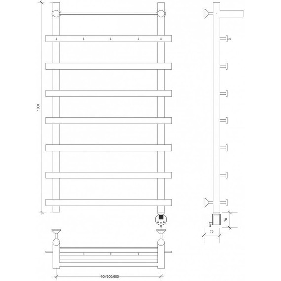 Полотенцесушитель электрический Secado Понтида 1 КСП с полкой П8 600x1000 мм (возможность скрытого подключения) фото 4