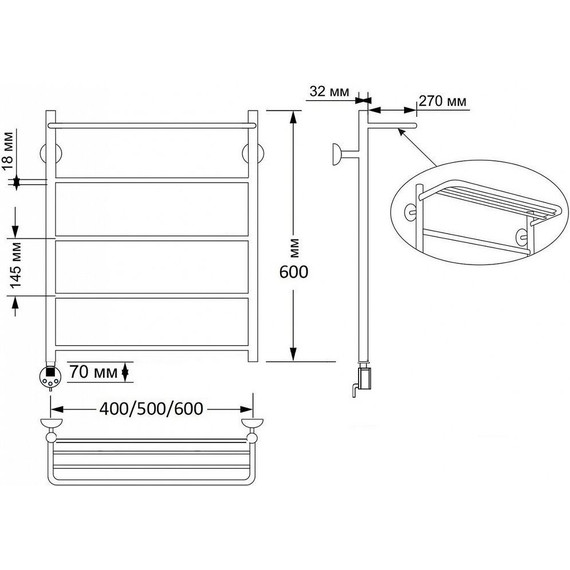 Полотенцесушитель электрический Secado Триада 4 с полкой П5 500x600 мм (возможность скрытого подключения) бронза фото 3