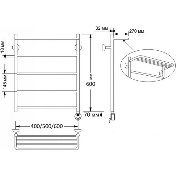 Полотенцесушитель электрический Secado Триада 4 с полкой П5 500x600 мм (возможность скрытого подключения) бронза фото 4
