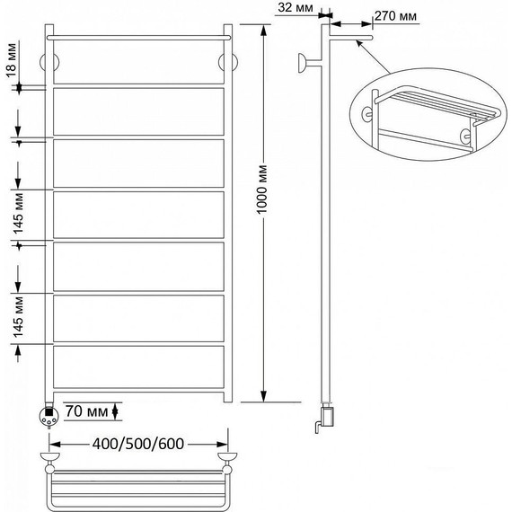 Полотенцесушитель электрический Secado Триада 4 с полкой П8 500x1000 мм (возможность скрытого подключения) бронза фото 3