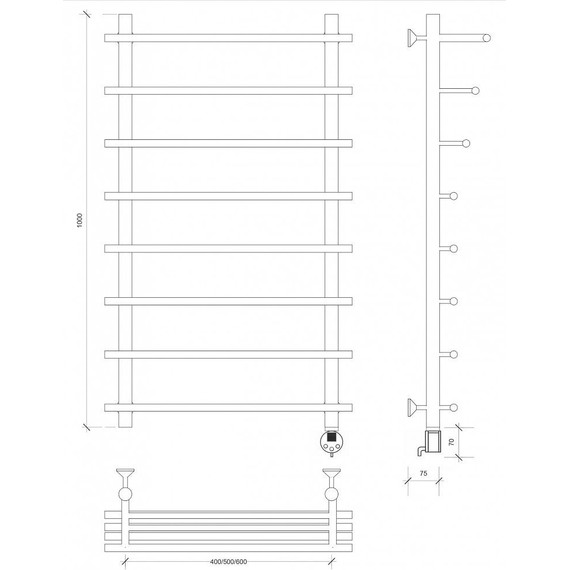 Полотенцесушитель электрический Secado Турин 6 с полкой П8 500x1000 мм (возможность скрытого подключения) бронза фото 4