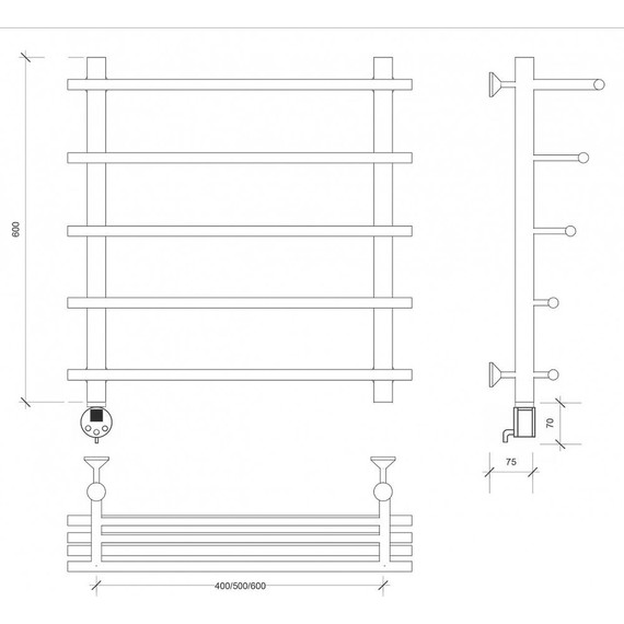 Полотенцесушитель электрический Secado Турин 6 с полкой П5 500x600 мм (возможность скрытого подключения) бронза фото 3