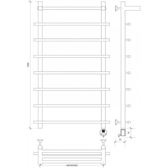 Полотенцесушитель электрический Secado Турин 1 СП с полкой П8 500x1000 мм (возможность скрытого подключения) бронза фото 4