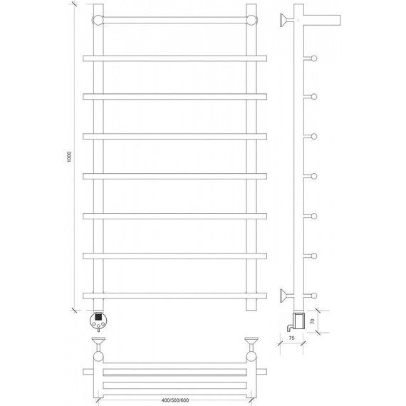 Полотенцесушитель электрический Secado Турин 1 СП с полкой П8 500x1000 мм (возможность скрытого подключения) бронза фото 3