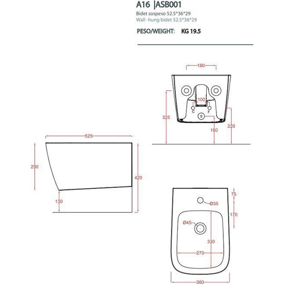 Биде подвесное ArtCeram A16 ASB001 38 00, blu avio фото 3