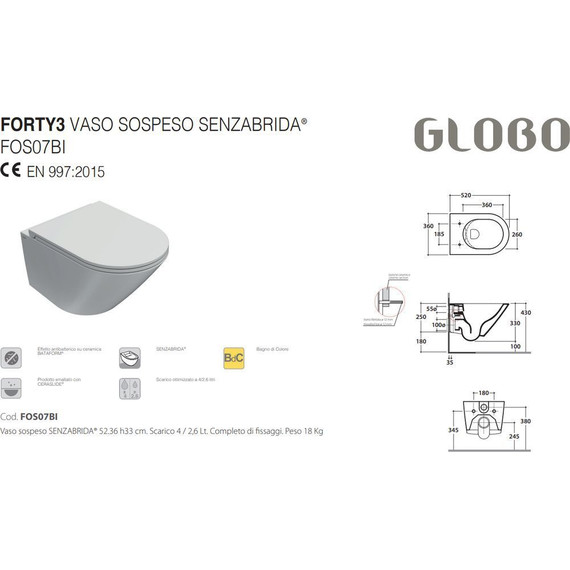 Унитаз подвесной безободковый Globo Forty3 FOS07.BI - 2 Унитаз подвесной безободковый Globo Forty3 FOS07.BI фото 2