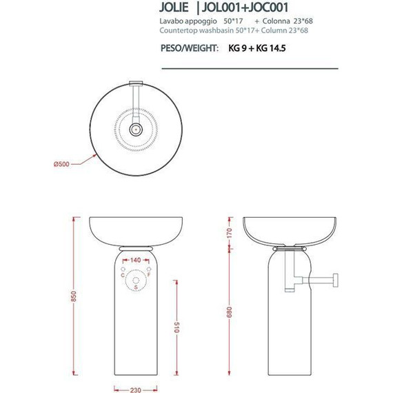 Раковина с пьедесталом ArtCeram Jolie 50 см JOL001 05 00, белый матовый/золото фото 3