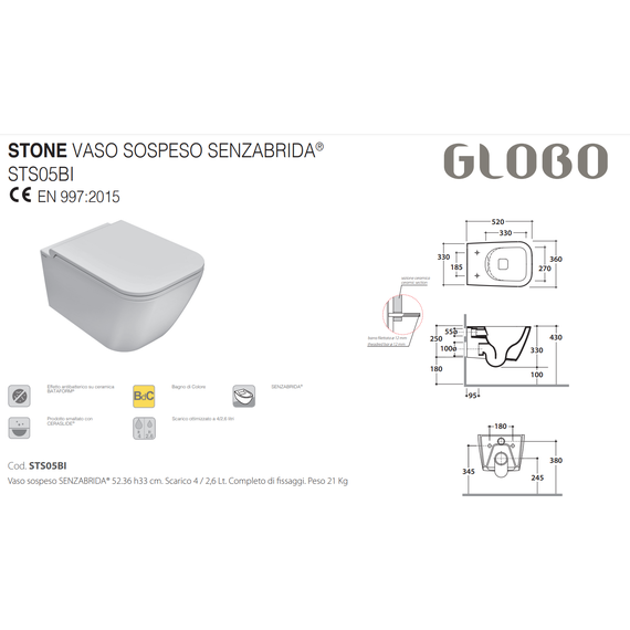 Унитаз подвесной безободковый Globo Stone STS05.AT, agata, Цвет производителя: серый фото 2