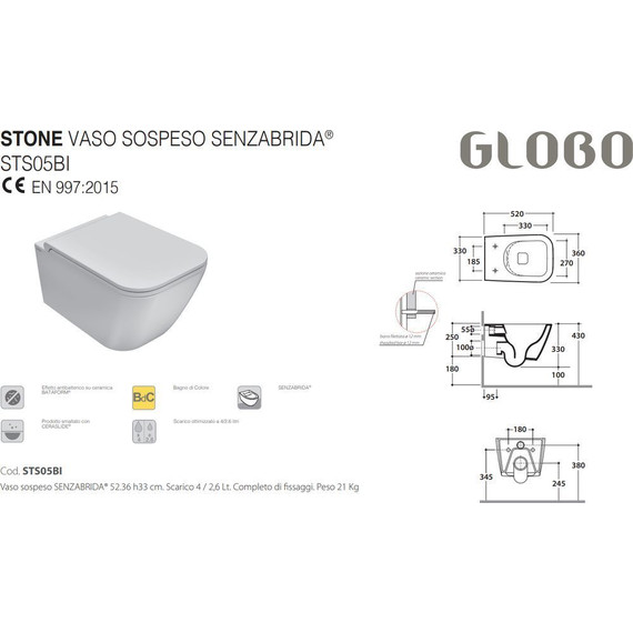 Унитаз подвесной безободковый Globo Stone STS05.BO, белый матовый, Цвет производителя: белый матовый фото 4