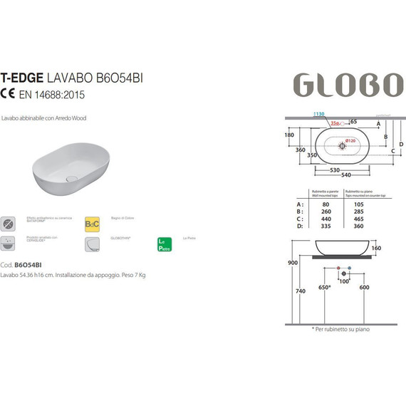 Раковина-чаша Globo T-Edge 54 см B6O54.AR, чёрный матовый фото 2