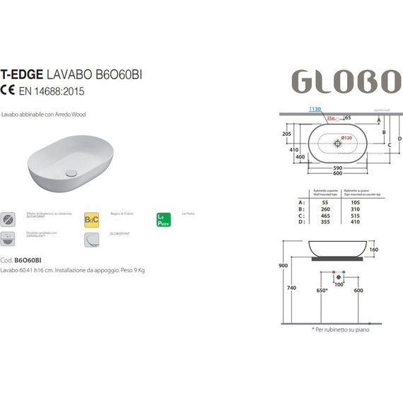 Раковина-чаша Globo T-Edge 60 см B6O60.BO, белый матовый фото 2