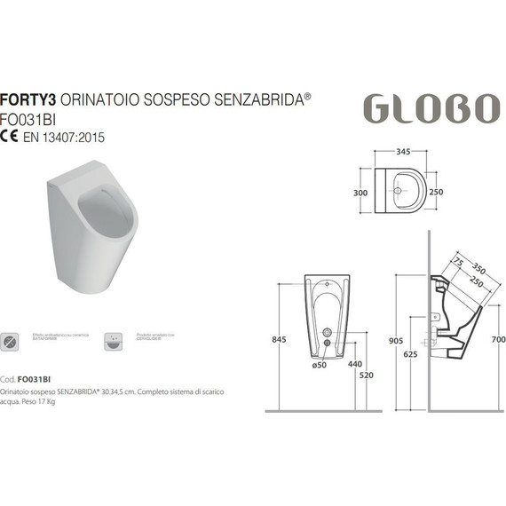 Писсуар подвесной Globo Forty3 FO031AR, nero opaco - 2 Писсуар подвесной Globo Forty3 FO031AR, nero opaco фото 2