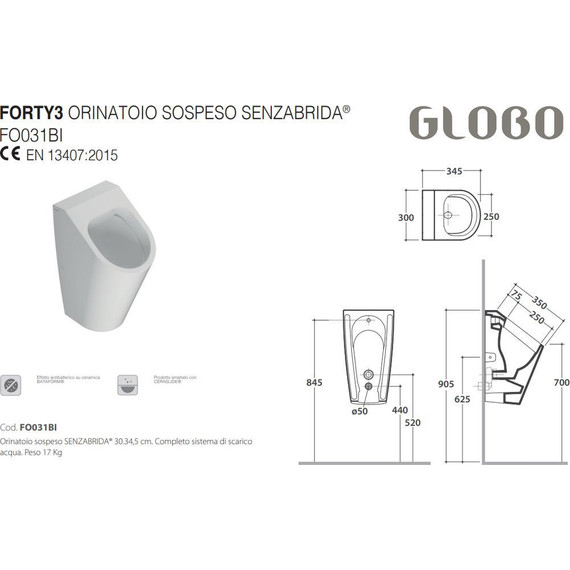 Писсуар подвесной Globo Forty3 FO031BI - 2 Писсуар подвесной Globo Forty3 FO031BI фото 2