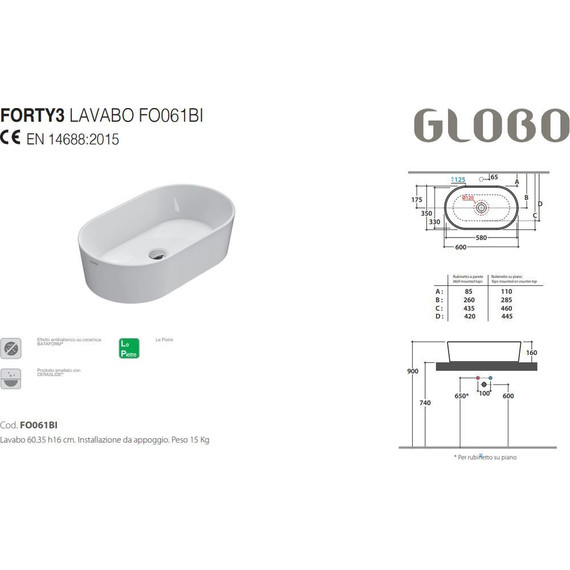 Раковина-чаша Globo Forty3 60 см FO061.BI фото 3