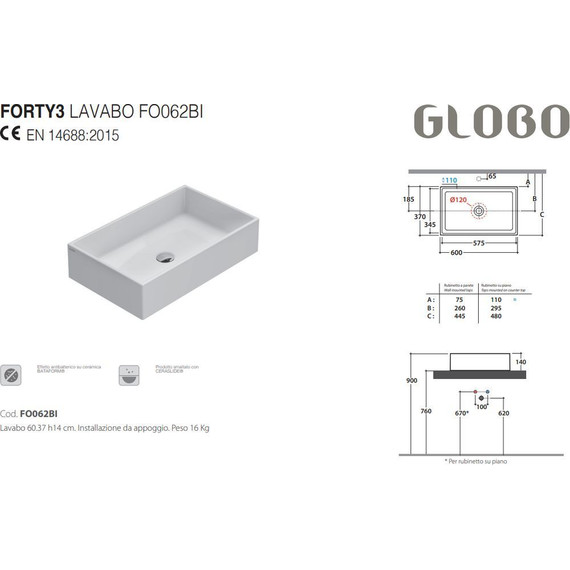 Раковина-чаша Globo Forty3 60 см FO062.BI фото 3