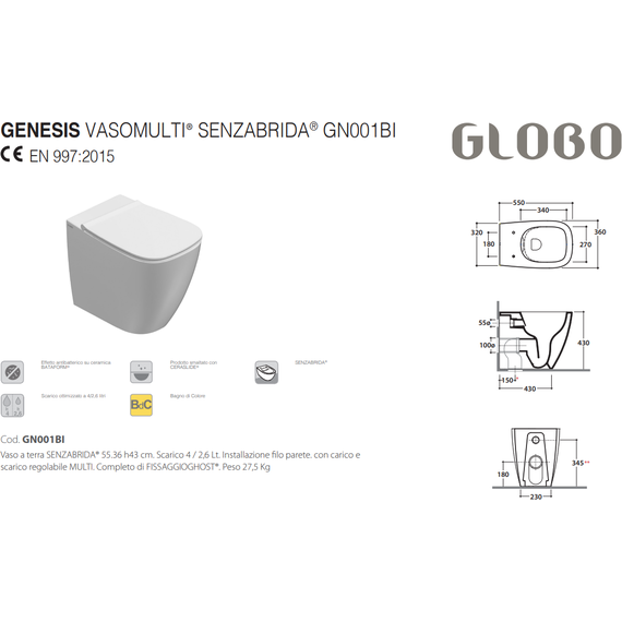 Унитаз приставной безободковый Globo Genesis GN001.BI фото 2