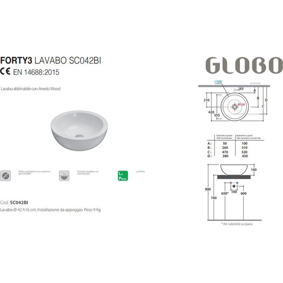 Раковина-чаша Globo Forty3 60 см SC042.BI - 3 Раковина-чаша Globo Forty3 60 см SC042.BI фото 3