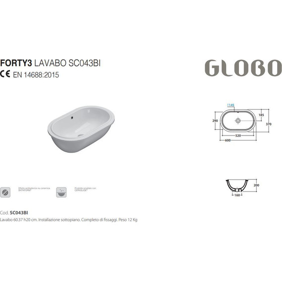 Раковина врезная под столешницу Globo Forty3 60 см SC043.BI фото 3