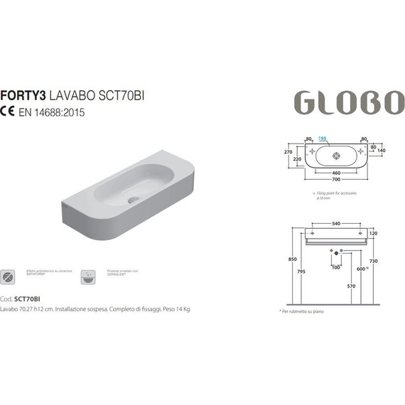 Раковина подвесная Globo Forty3 70 см SCT70.BI фото 3