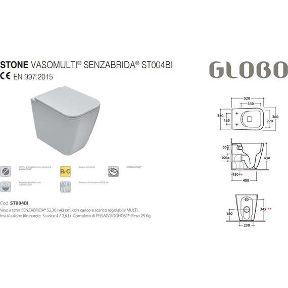 Унитаз приставной безободковый Globo Stone ST004BI фото 3