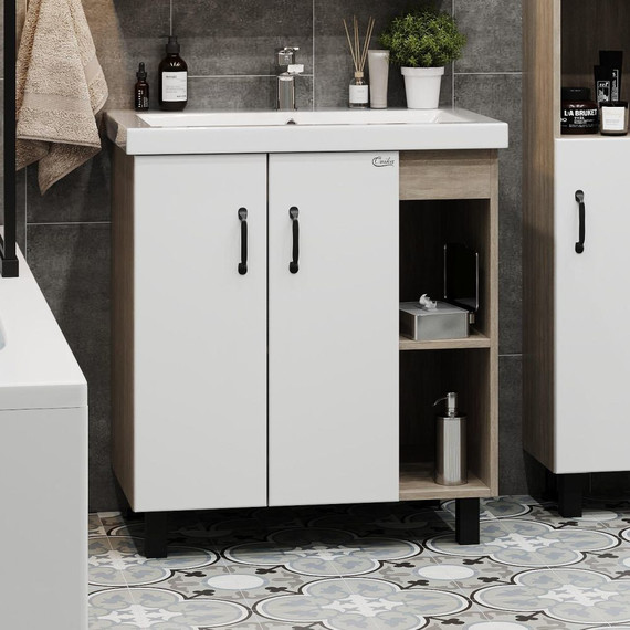 Тумба напольная с раковиной Onika Тимбер 80 см 108052, белый матовый/дуб сонома (раковина Como 80) фото 2