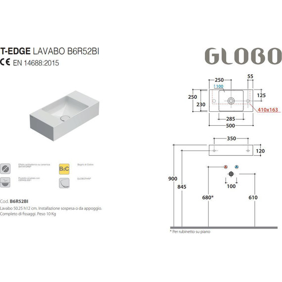 Раковина-чаша Globo T-Edge 50 см B6R52.BI фото 2