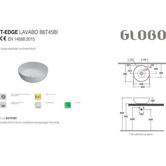 Раковина-чаша Globo T-Edge 45 см B6T45.SK, smoke фото 2