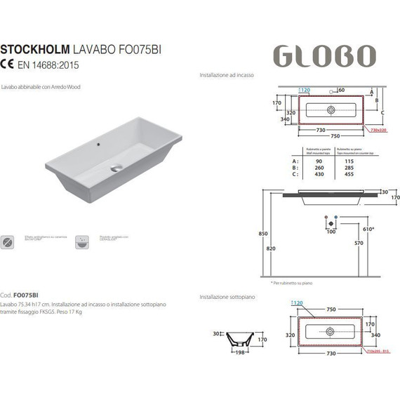 Раковина врезная на столешницу Globo Stockholm 75 см FO075.BI - 2 Раковина врезная на столешницу Globo Stockholm 75 см FO075.BI фото 2
