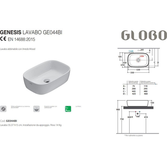 Раковина-чаша Globo Genesis 55 см GE044.BI фото 3
