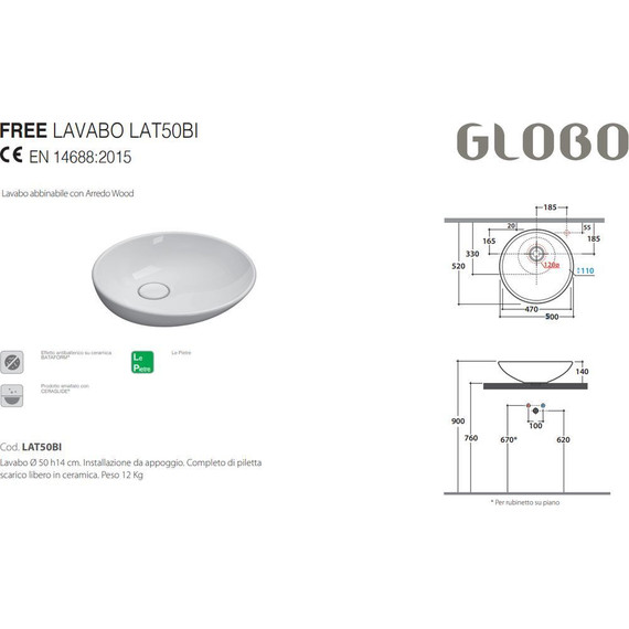 Раковина-чаша Globo Le Pietre 50 см LAT50.BI фото 3