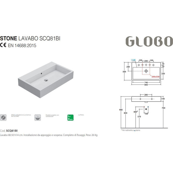 Раковина подвесная Globo Classic 80 см SCQ811BI фото 3