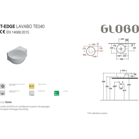 Раковина подвесная Globo T-Edge 40 см TE040BI - 2 Раковина подвесная Globo T-Edge 40 см TE040BI фото 2