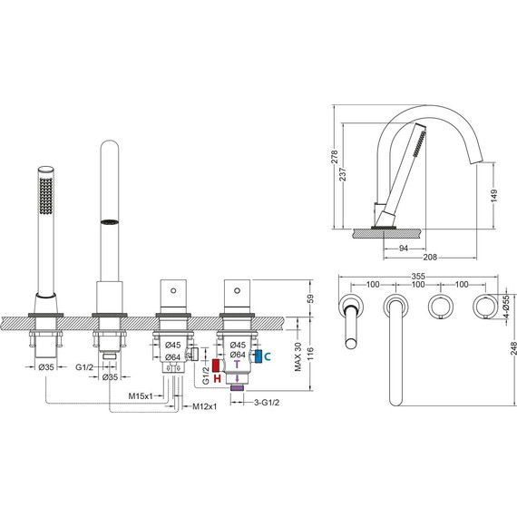 Смеситель для ванны с термостатом Timo Saona 2330/18Y, черное золото - 2 Смеситель для ванны с термостатом Timo Saona 2330/18Y, черное золото фото 2
