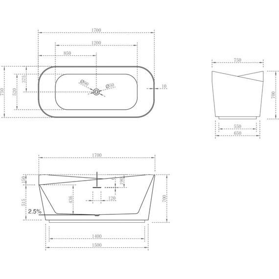 Ванна отдельностоящая Abber Stein 170x75 см AS9609, белый матовый фото 5