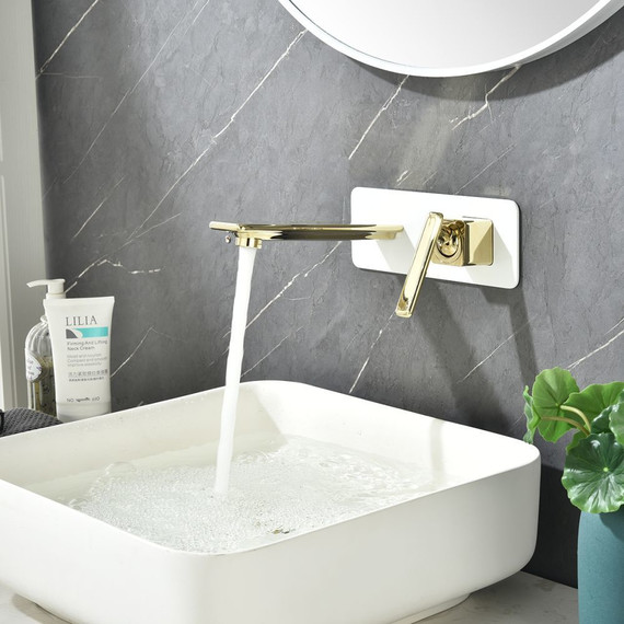 Смеситель для раковины настенный Lemark Mista LM6426WG, белый/золото фото 2