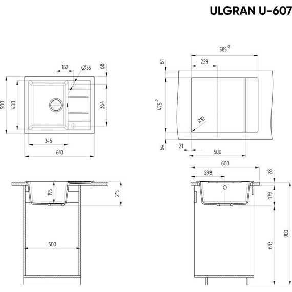 Кухонная мойка Ulgran U-607-308, чёрный фото 2