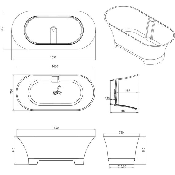 Ванна отдельностоящая Aquanet Bloom Ellipse 165х75 см TC-S92, белый матовый фото 5
