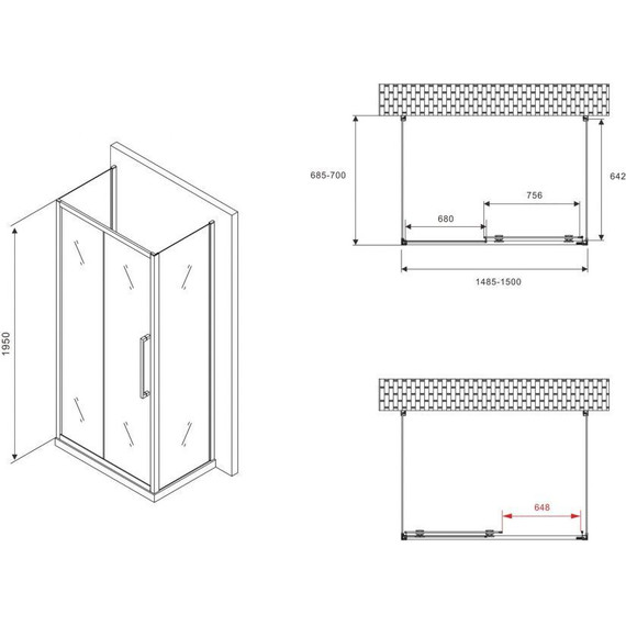 Душевое ограждение Abber Schwarzer Diamant 150x70 см AG30150BMH-S70BM-S70BM, чёрный/матовое фото 5