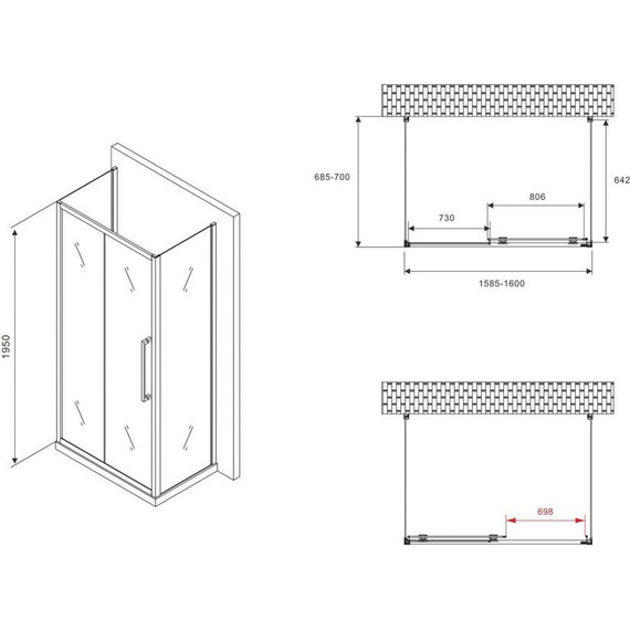 Душевое ограждение Abber Schwarzer Diamant 160x70 см AG30160BMH-S70BM-S70BM, чёрный/матовое фото 5