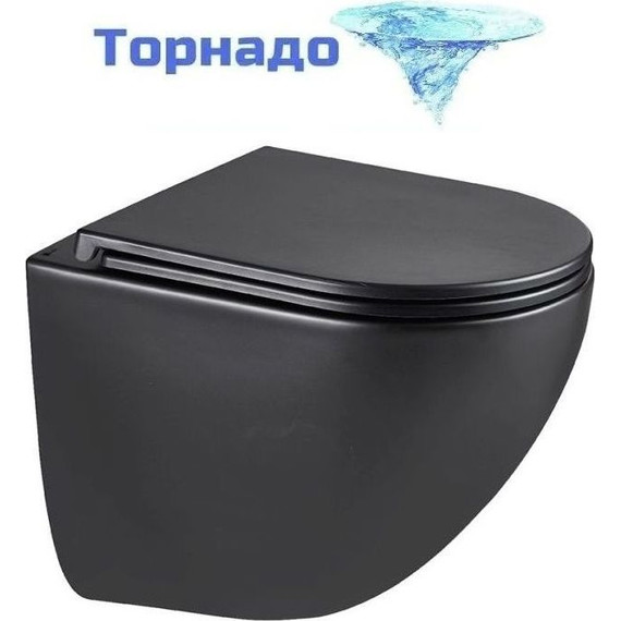 Унитаз подвесной безободковый Lemark Glazer 9612004 с крышкой микролифт (Система смыва торнадо), чёрный матовый фото 