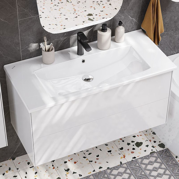 Тумба подвесная с раковиной Акватон Сохо 100 см 1A258201AJ010, белый глянцевый фото 8