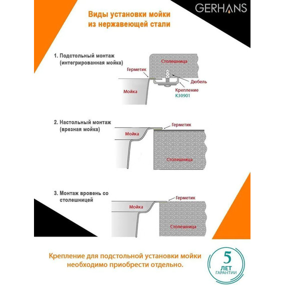 Кухонная мойка Gerhans K35043G 1 мм, золото, Цвет производителя: золото фото 3