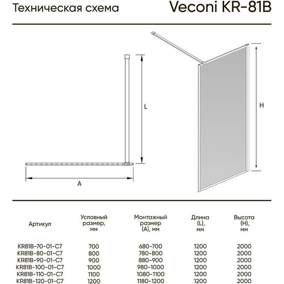 Душевая перегородка Veconi Korato 120 см KR81B-120-01-C8 (стекло 8 мм) с кронштейном в комплекте, чёрный матовый/прозрачное фото 3
