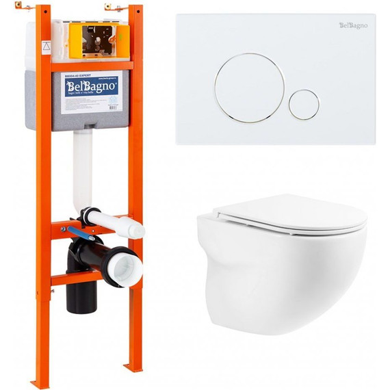 Инсталляция с подвесным безободковым унитазом BelBagno Expert BB066CHR/BB870SC/BB004-40 EXPERT/BB014-SR-BIANCO (кнопка смыва белая) фото 