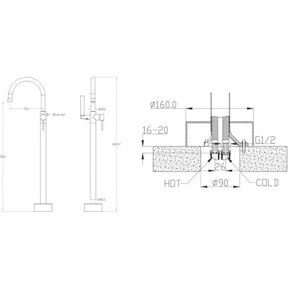 Смеситель для ванны напольный Boheme Uno 469-BG, чёрный/золото, Цвет производителя: чёрный, золото фото 3