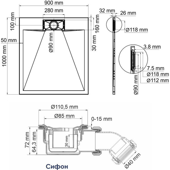 Поддон SMC WasserKraft Elbe 100х90 см 74T22, чёрный - 2 Поддон SMC WasserKraft Elbe 100х90 см 74T22, чёрный фото 2